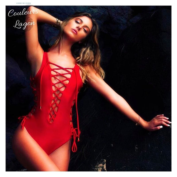 Monokini V Profond 4 CRISS CROSS - Couleurs Lagon - avant rouge