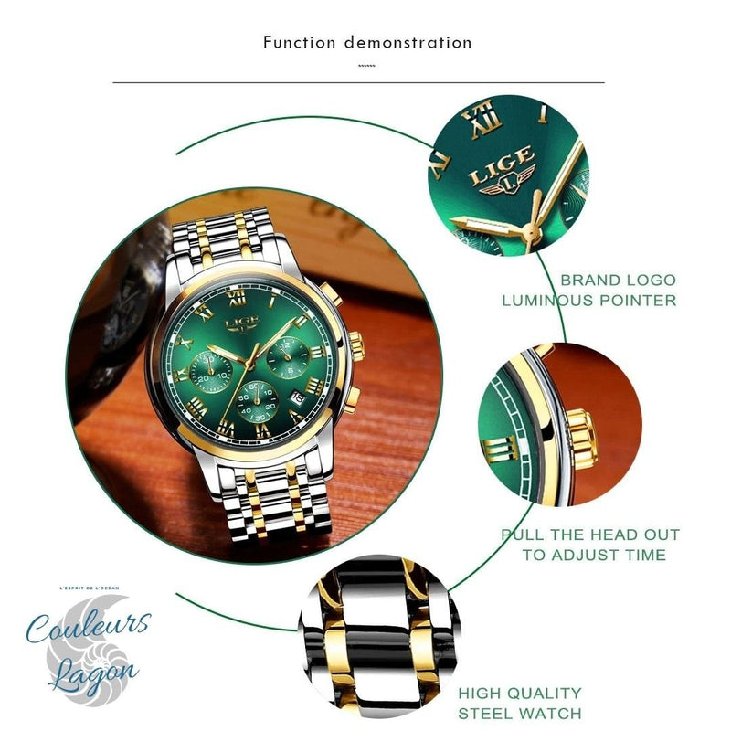 Montre Femme Luxe Chronographe LIGE AVIATOR - Couleurs Lagon - gros plans marque remontoire bracelet