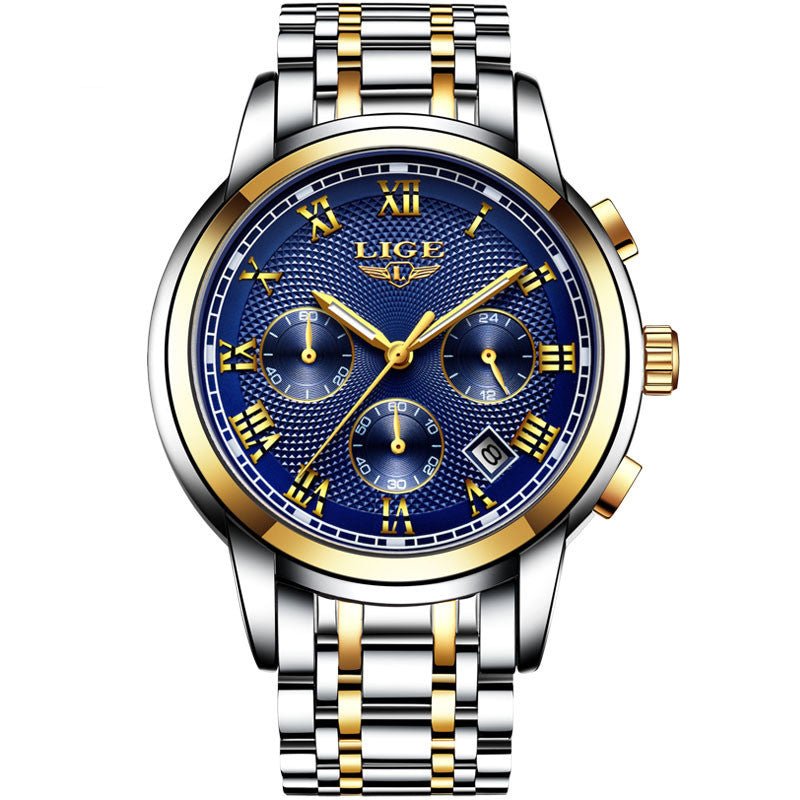 Montre Femme Luxe Chronographe LIGE AVIATOR - Couleurs Lagon - bleu et or