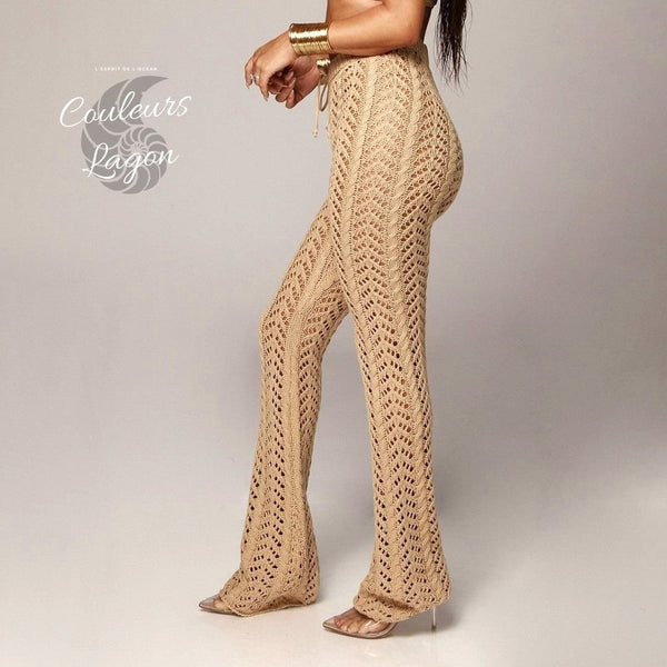 Pantalon de plage femme dentelle beige gauche - Couleurs Lagon