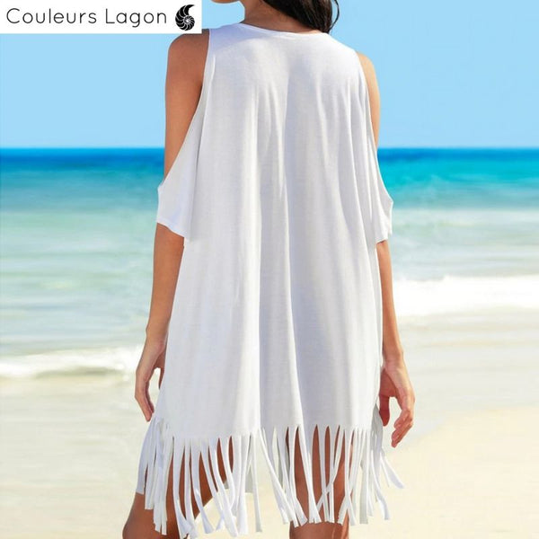 Paréo femme blanc vue dos — couvre maillot de bain plage Couleurs Lagon