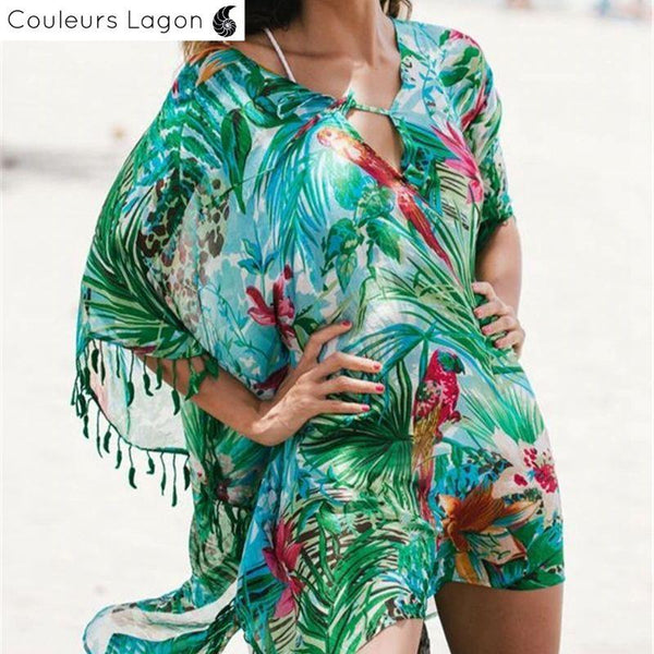Paréo Kaftan Floral Tropical AMAZONIE - Couleurs Lagon