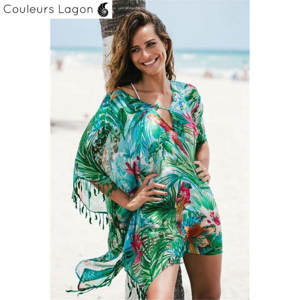 Paréo Kaftan Floral Tropical AMAZONIE - Couleurs Lagon