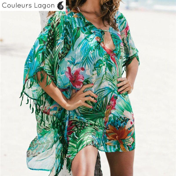 Paréo Kaftan Floral Tropical AMAZONIE - Couleurs Lagon