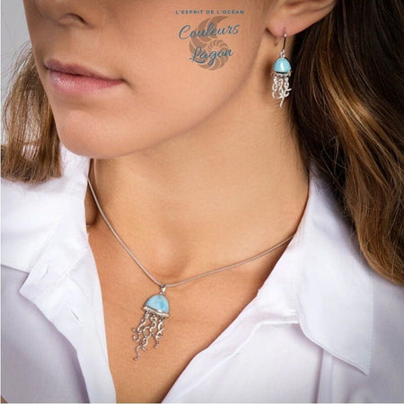 Parure Méduse en Argent massif et Larimar naturelle - Couleurs Lagon
