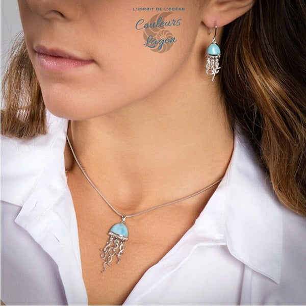 Parure Méduse en Argent massif et Larimar naturelle - Couleurs Lagon