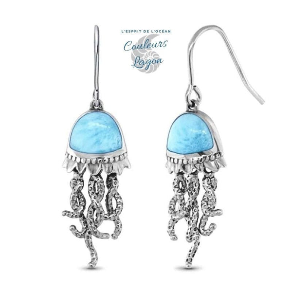 boucle d'oreille face 3/4 profil - Parure Méduse en Argent massif et Larimar naturelle - Couleurs Lagon
