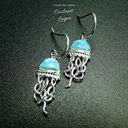 boucle d'oreille fond noir - Parure Méduse en Argent massif et Larimar naturelle - Couleurs Lagon