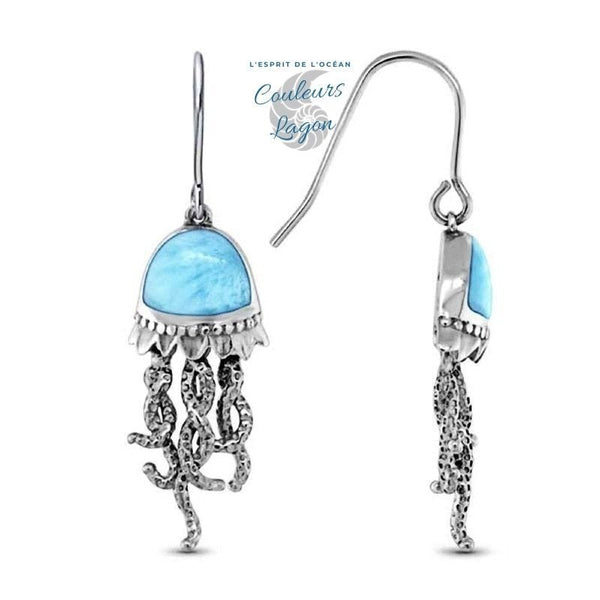 boucle d'oreille face profil - Parure Méduse en Argent massif et Larimar naturelle - Couleurs Lagon
