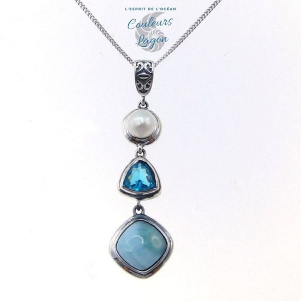 Pendentif Ag 925 en Larimar Topaze et Perle - Couleurs Lagon