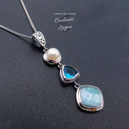 Pendentif Ag 925 en Larimar Topaze et Perle - Couleurs Lagon