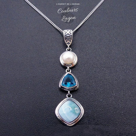 Pendentif Ag 925 en Larimar Topaze et Perle - Couleurs Lagon