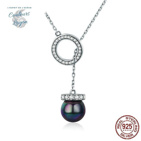 Pendentif Anneau Zircon et Perle Noire s925 - Couleurs Lagon