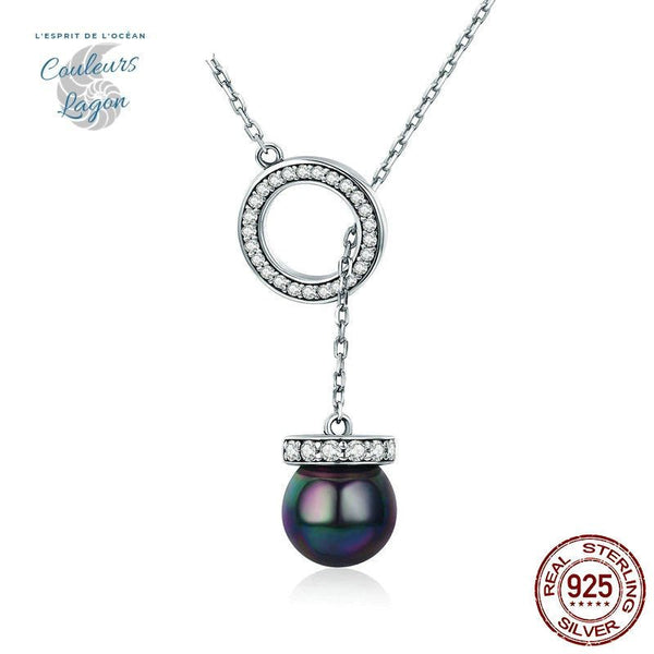 Pendentif Anneau Zircon et Perle Noire s925 - Couleurs Lagon