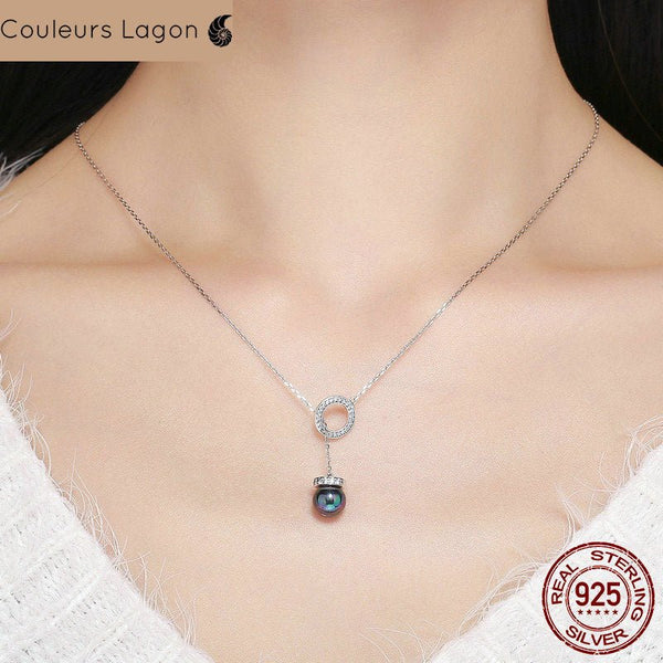 taille sur le cou - Pendentif Anneau et Perle Noire Ag 925 - Couleurs Lagon