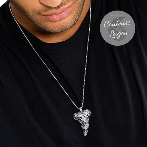 taille sur le cou - Pendentif Dent de Requin Maori Argent Massif s925 - Couleurs Lagon