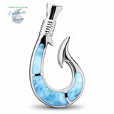 Pendentif Hameçon Larimar naturelle et argent massif - Couleurs Lagon