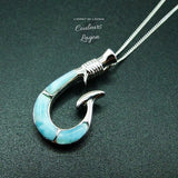 Pendentif Hameçon Larimar naturelle et argent massif - Couleurs Lagon