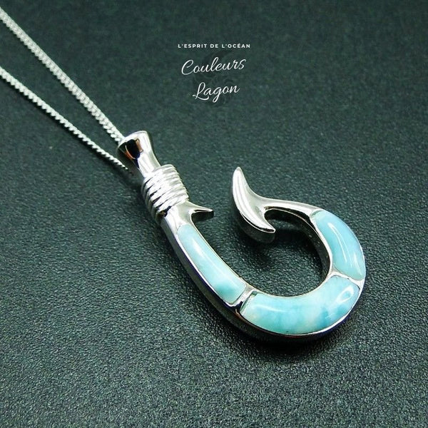 Pendentif Hameçon Larimar naturelle et argent massif - Couleurs Lagon