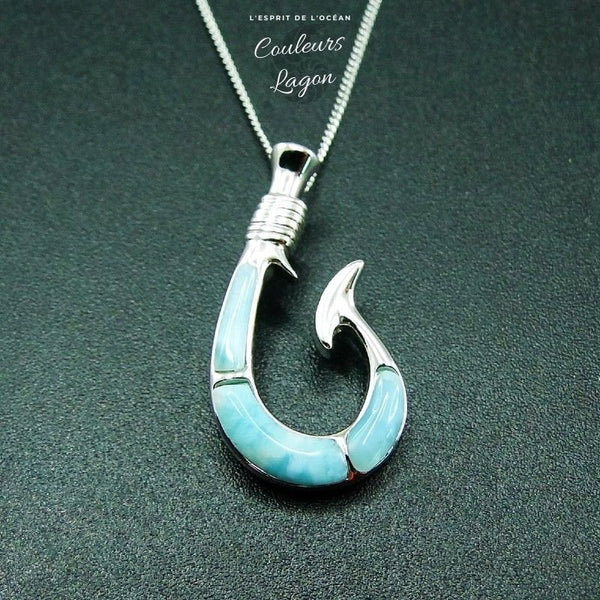 Pendentif Hameçon Larimar naturelle et argent massif - Couleurs Lagon
