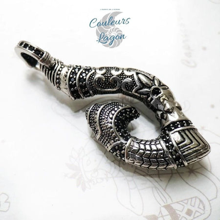 Pendentif Hameçon Maori en Argent Massif s925 - Couleurs Lagon