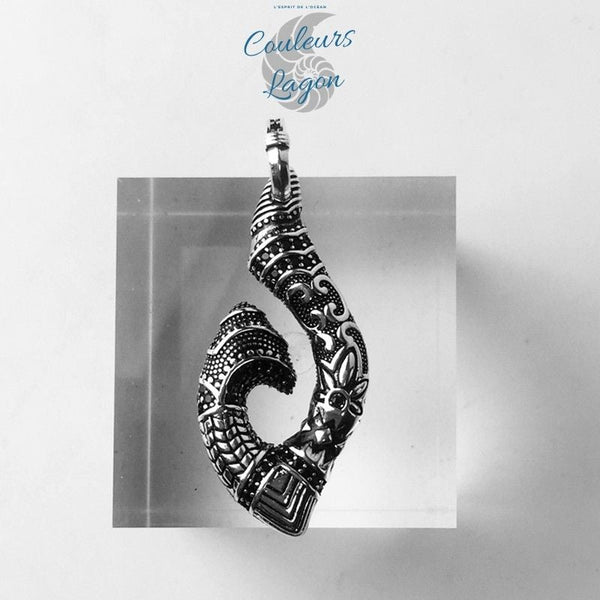 Pendentif Hameçon Maori en Argent Massif s925 - Couleurs Lagon