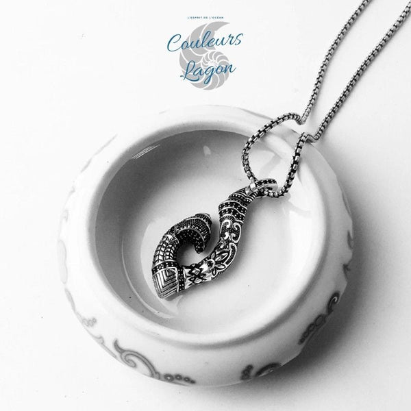 Pendentif Hameçon Maori en Argent Massif s925 - Couleurs Lagon