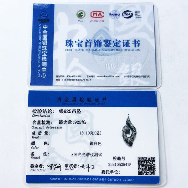 certificat authenticité - Pendentif Hameçon Maori HEI MATAU en Argent Massif s925 - Couleurs Lagon