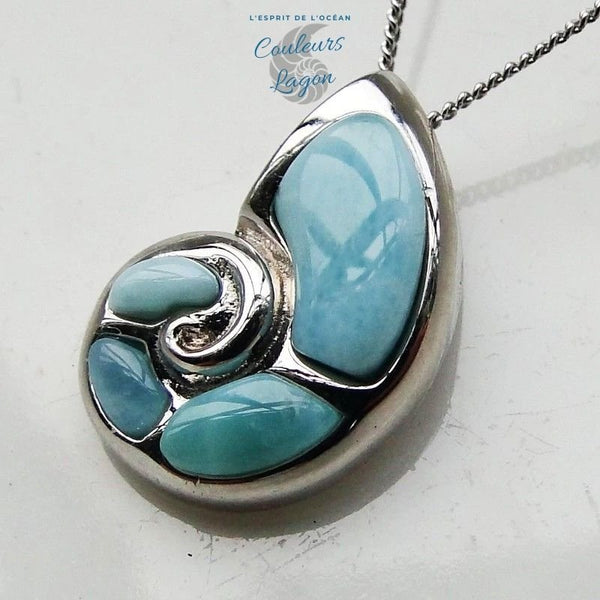 Pendentif Nautile Larimar naturelle et argent massif - Couleurs Lagon