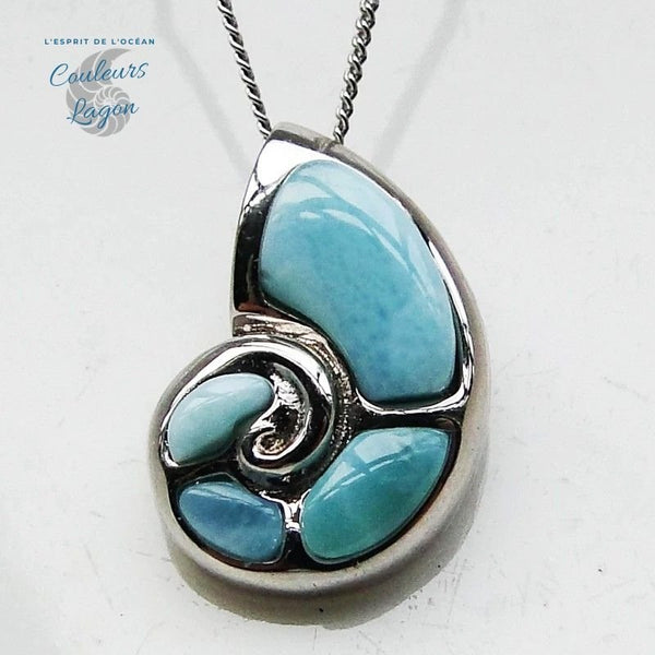 Pendentif Nautile Larimar naturelle et argent massif - Couleurs Lagon