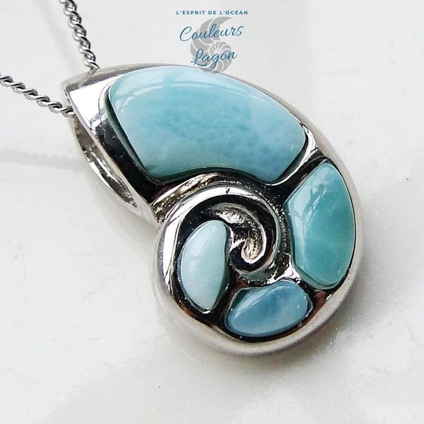 Pendentif Nautile Larimar naturelle et argent massif - Couleurs Lagon