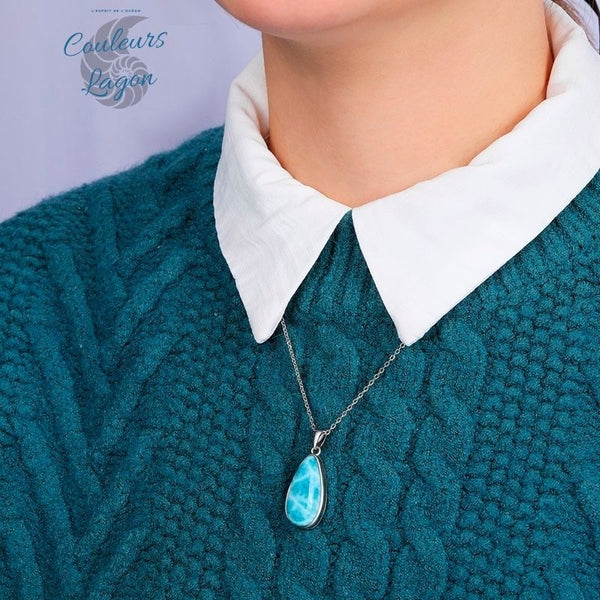 Pendentif Ovale Femme Argent s925 et Larimar - Couleurs Lagon