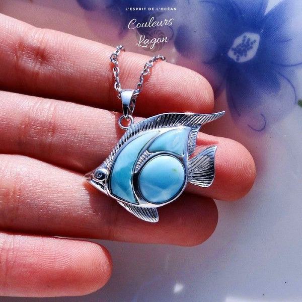 Pendentif Poisson de mer Larimar naturelle et argent massif - Couleurs Lagon