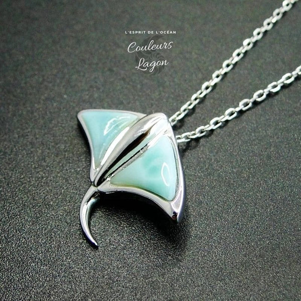Pendentif Raie Pastenague en Argent massif et Larimar naturelle - Couleurs Lagon