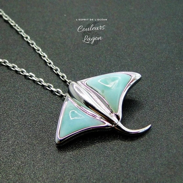 Pendentif Raie Pastenague en Argent massif et Larimar naturelle - Couleurs Lagon