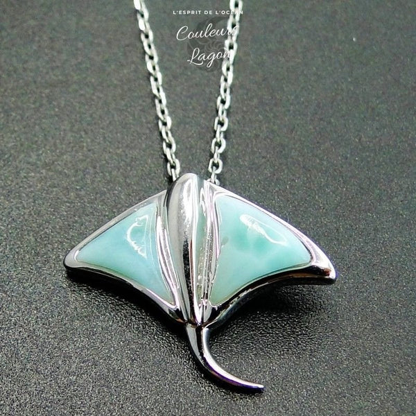 Pendentif Raie Pastenague en Argent massif et Larimar naturelle - Couleurs Lagon