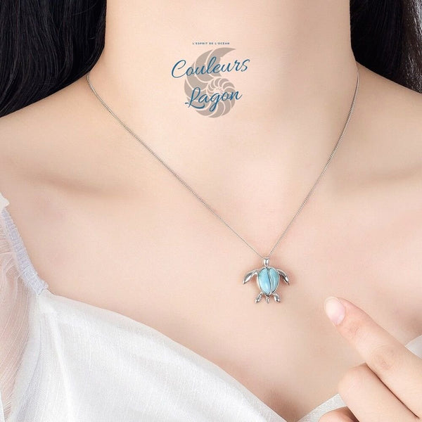 sur le cou - Pendentif Tortue de mer S925 Larimar Couleurs Lagon - Couleurs Lagon