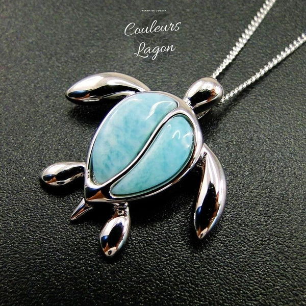 fond noir - Pendentif Tortue de mer S925 Larimar Couleurs Lagon - Couleurs Lagon