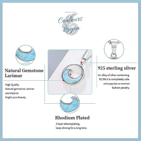Pendentif Vague de mer Argent 925 Larimar - Couleurs Lagon - présentation pierre naturelle s925 et finition