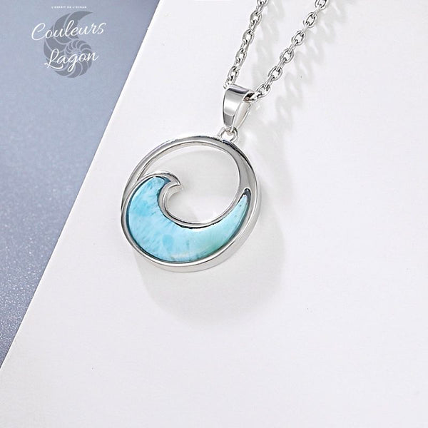 Pendentif Vague de mer Argent 925 Larimar - Couleurs Lagon - plan sérré