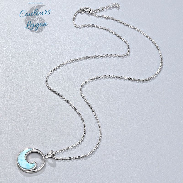 Pendentif Vague de mer Argent 925 Larimar - Couleurs Lagon - plan large avec chaine