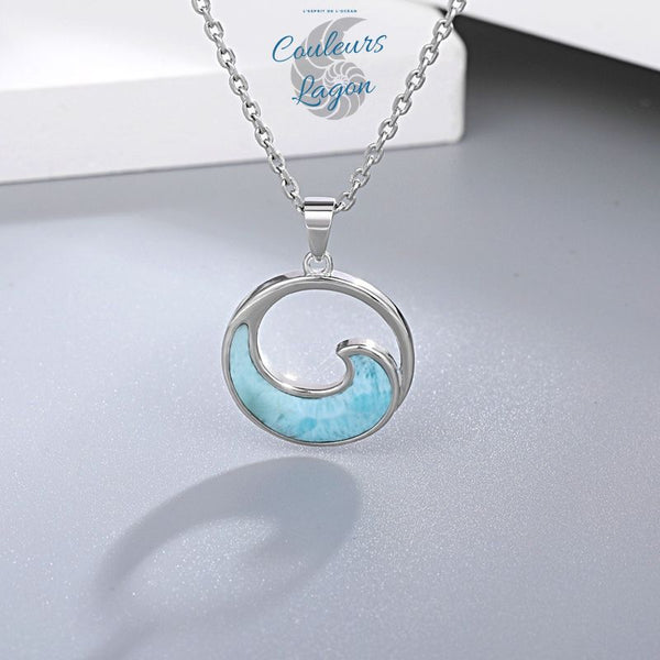 Pendentif Vague de mer Argent 925 Larimar - Couleurs Lagon - gros plan 3/4 dessus
