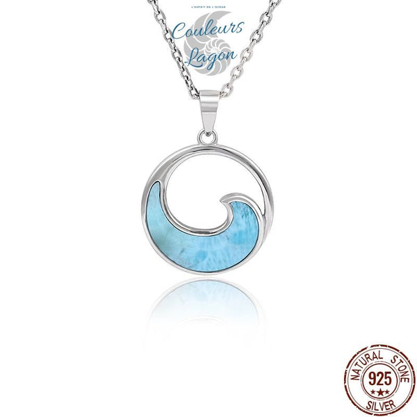 Pendentif Vague de mer Argent 925 Larimar - Couleurs Lagon - gros plan médaillon