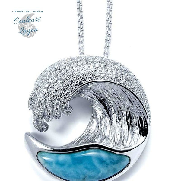 Pendentif Vague Larimar naturelle et Argent 925 - Couleurs Lagon