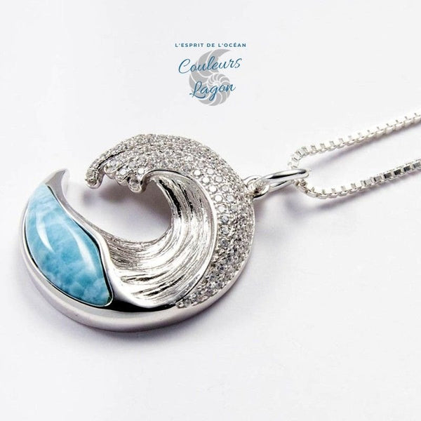 Pendentif Vague Larimar naturelle et Argent 925 - Couleurs Lagon