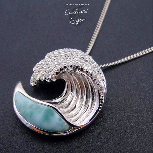 Pendentif Vague Larimar naturelle et Argent 925 - Couleurs Lagon