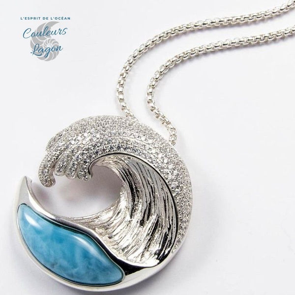 Pendentif Vague Larimar naturelle et Argent 925 - Couleurs Lagon