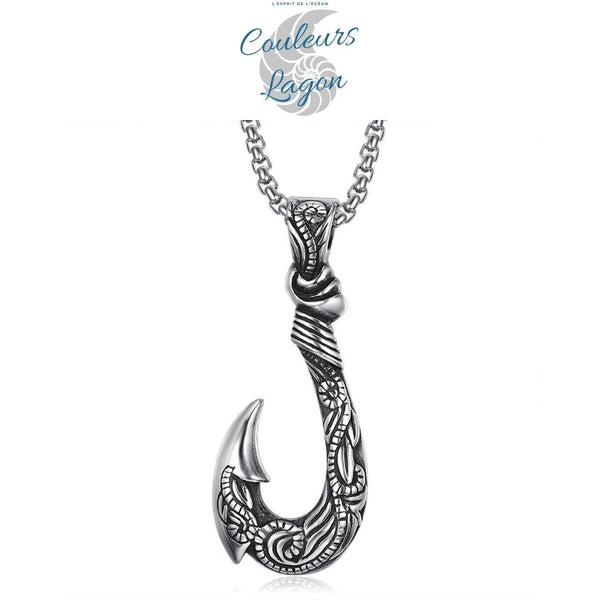 face avant - Pendentif Vintage Acier Inoxydable au Titane Hameçon Viking Ocean - Couleurs Lagon