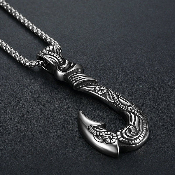 3/4 gauche - Pendentif Vintage Acier Inoxydable au Titane Hameçon Viking Ocean - Couleurs Lagon