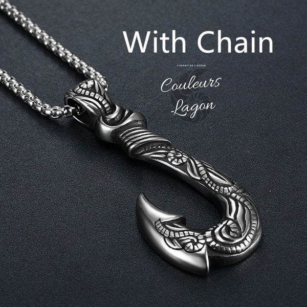 avec chaine - Pendentif Vintage Acier Inoxydable au Titane Hameçon Viking Ocean - Couleurs Lagon